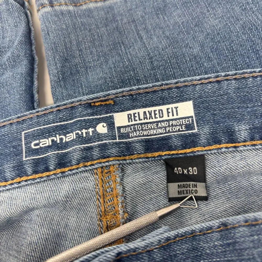 Carhartt Mens 40x30 Relaxed Fit 5 Pocket Design Medium Wash Blue Jeans